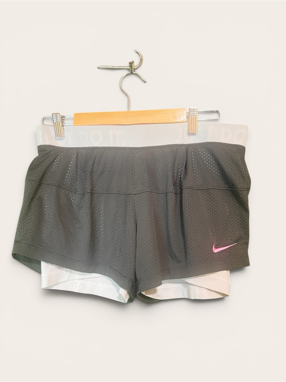 Nike Women's Black Athletic Layered Shorts with Pink Swoosh